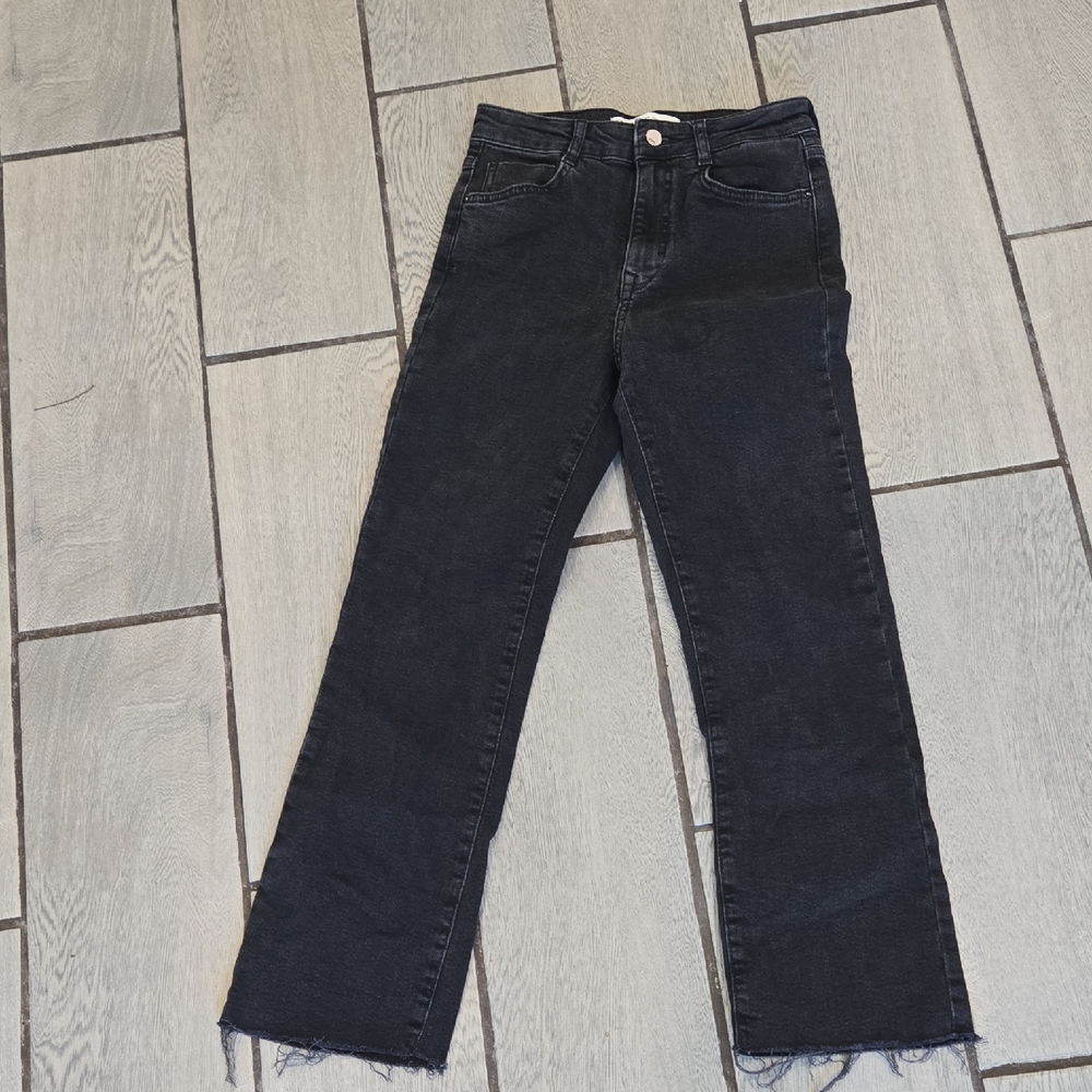 Zara Black Straight Leg Jeans with Distressed Hem